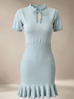 Ruffled Keyhole Short Sleeve Mini Dress in Mint